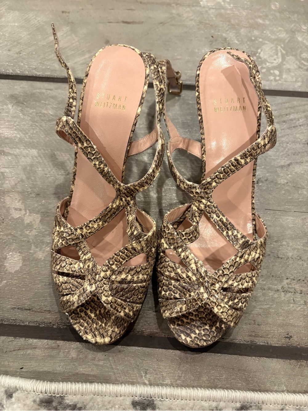 Stuart Weitzman Neutral Snake-Print Strappy Slingback Heels